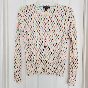 Foxcroft Cardigan Sweater Cream Multi Color Confetti Geometric Button Front PXS